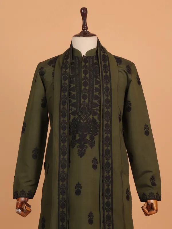 Festive wear Olive embroideried pathani suit