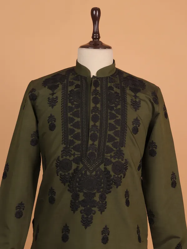 Festive wear Olive embroideried pathani suit