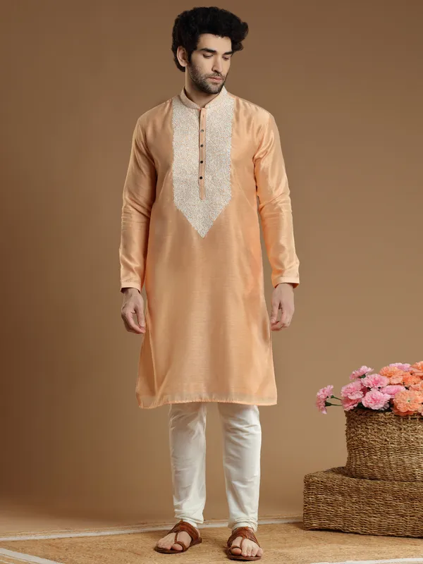 Festive wear peach color silk  Men Kurta pajama