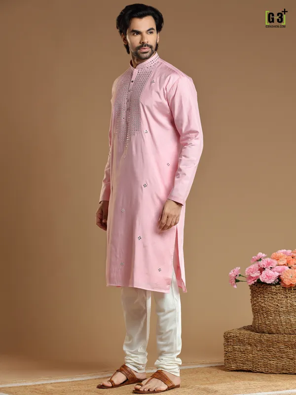 Festive wear pink  Men Kurta pajama in cotton silk