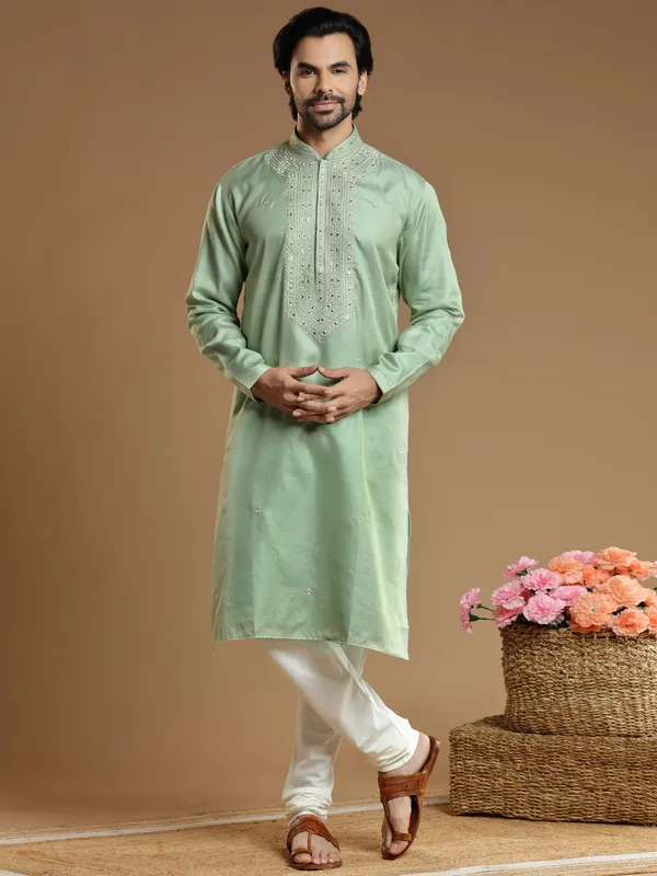 Festive wear pista green kurta suit in cottot silk