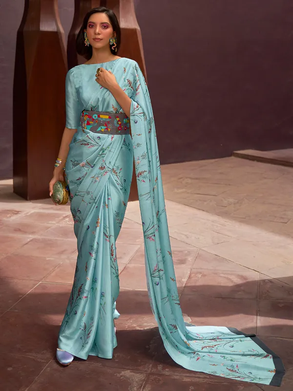 Festive wear powder blue crepe silk printed saree
