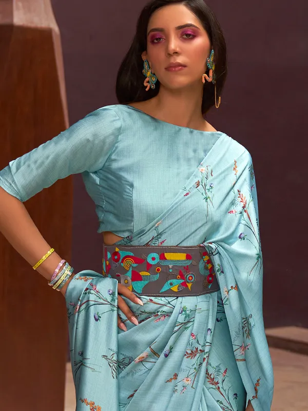 Festive wear powder blue crepe silk printed saree