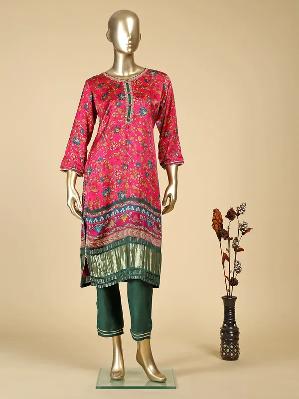 Festive wear printed magenta silk kurti set