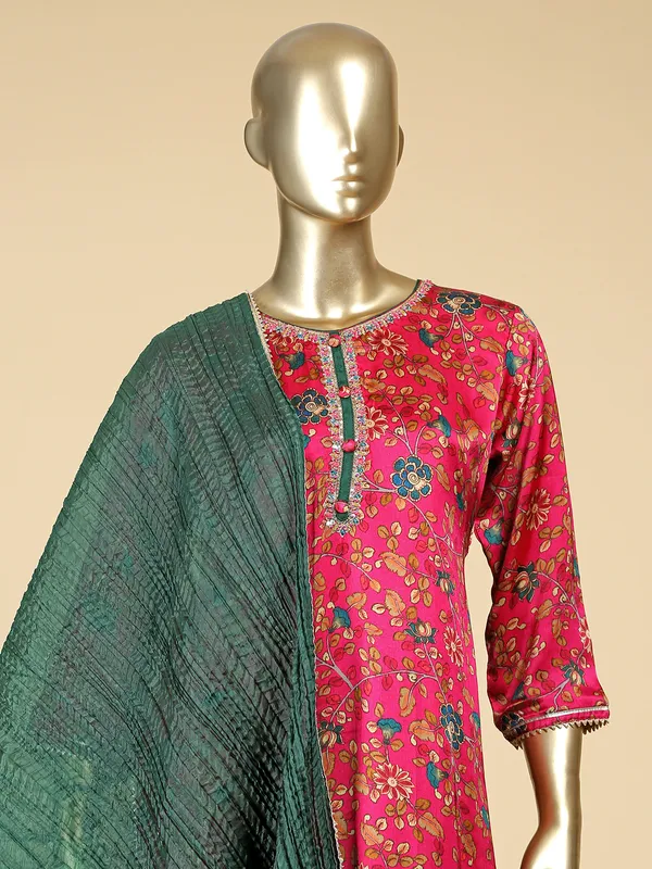 Festive wear printed magenta silk kurti set