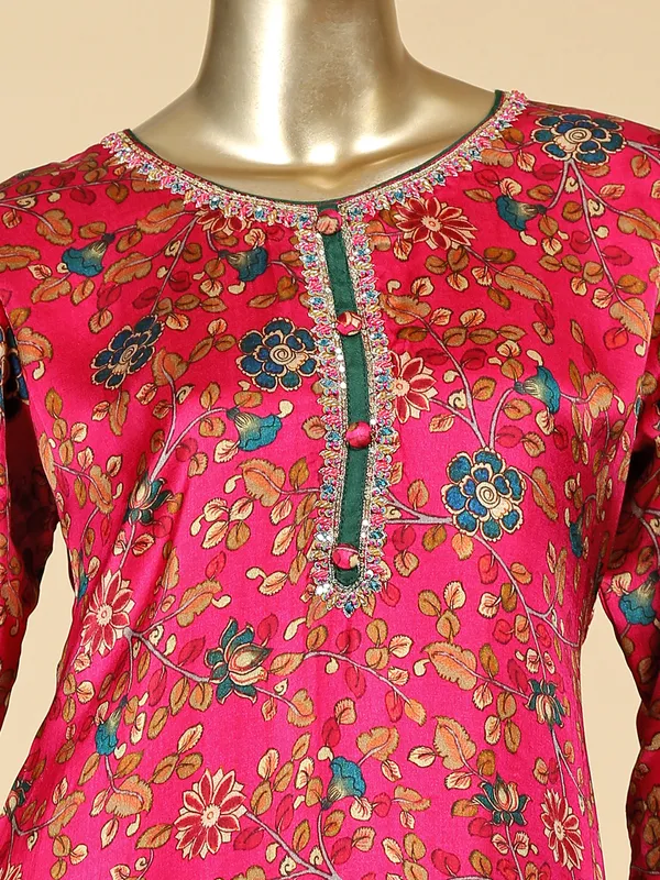 Festive wear printed magenta silk kurti set
