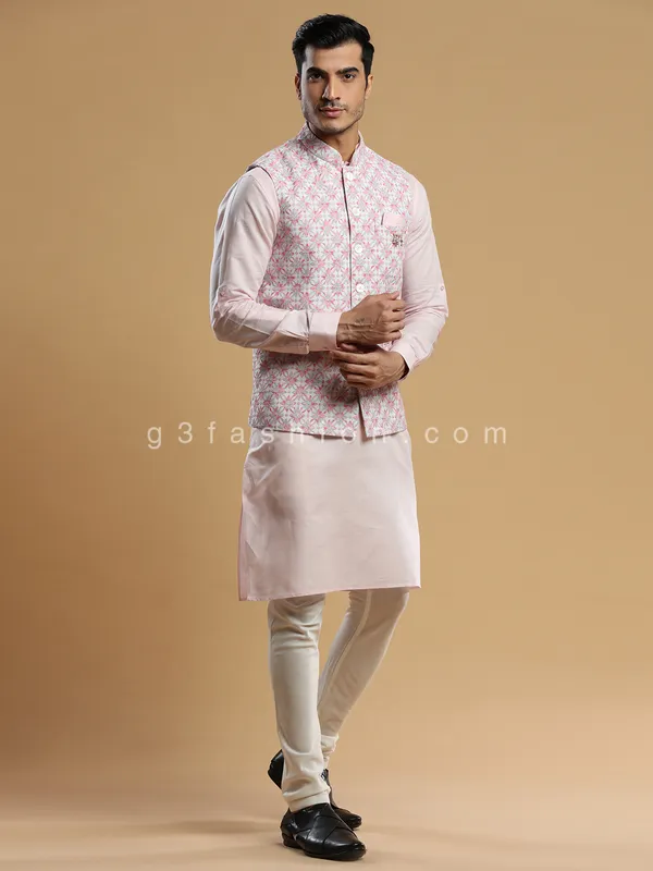 Festive wear silk waistcoat set in pink and cream