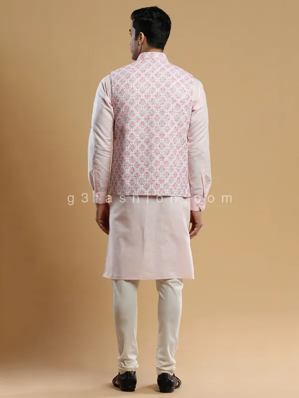 Festive wear silk waistcoat set in pink and cream