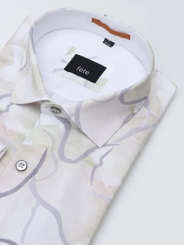 Fete khaki cotton printed party wear shirt