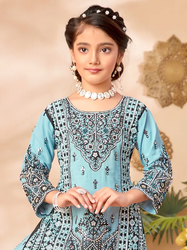 Firozi aqua silk suit with embellished dupatta
