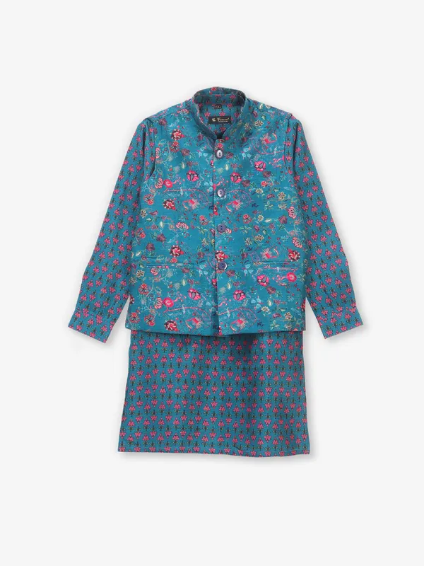 Firozi blue floral cotton waistcoat set for boys