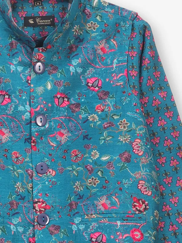 Firozi blue floral cotton waistcoat set for boys
