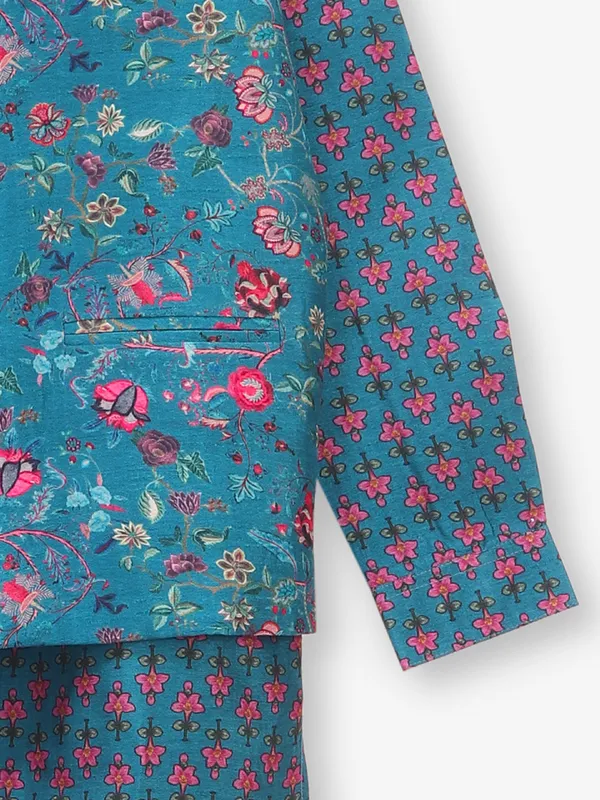Firozi blue floral cotton waistcoat set for boys