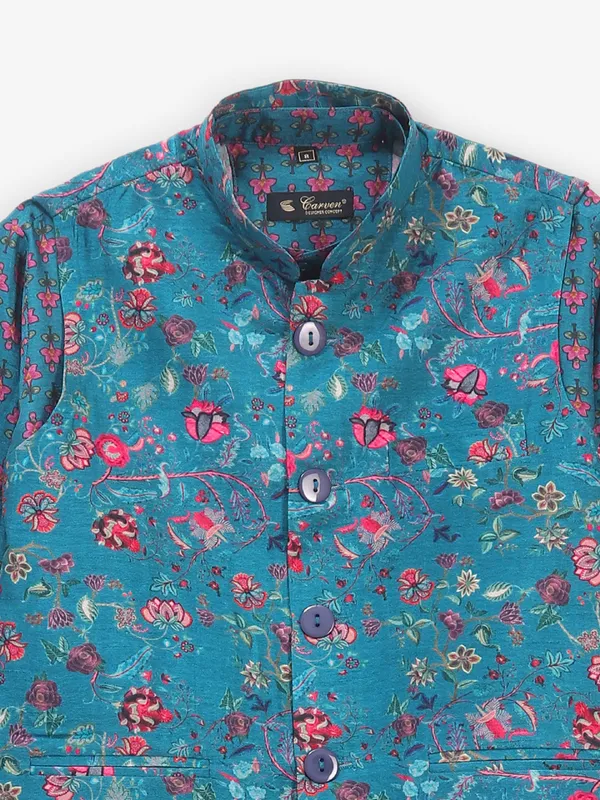 Firozi blue floral cotton waistcoat set for boys