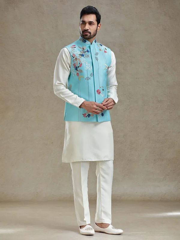 Firozi blue linen silk embroideried kurta jacket set