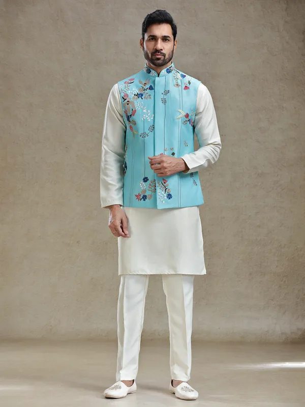 Firozi blue linen silk embroideried kurta jacket set