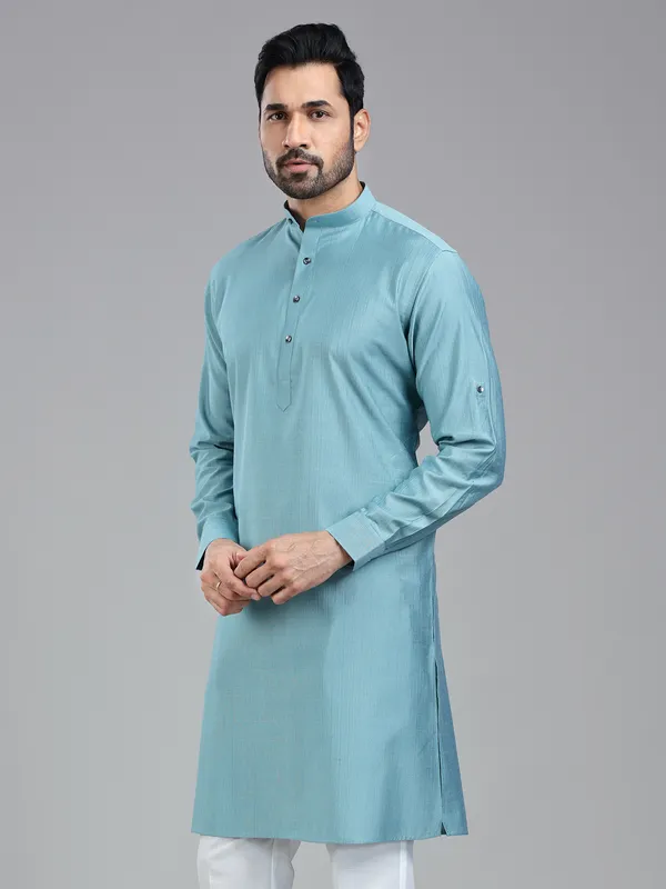 Firozi blue solid festive wear kurta for men
