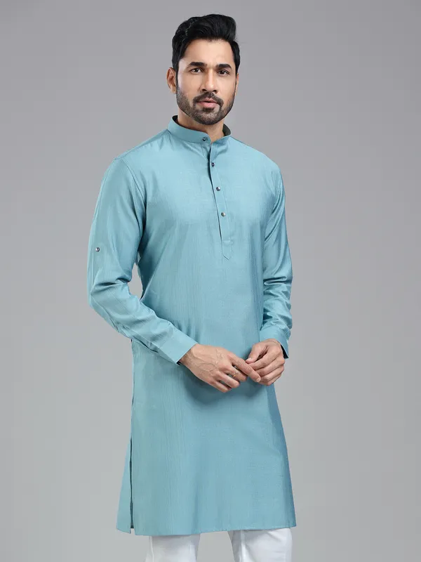 Firozi blue solid festive wear kurta for men