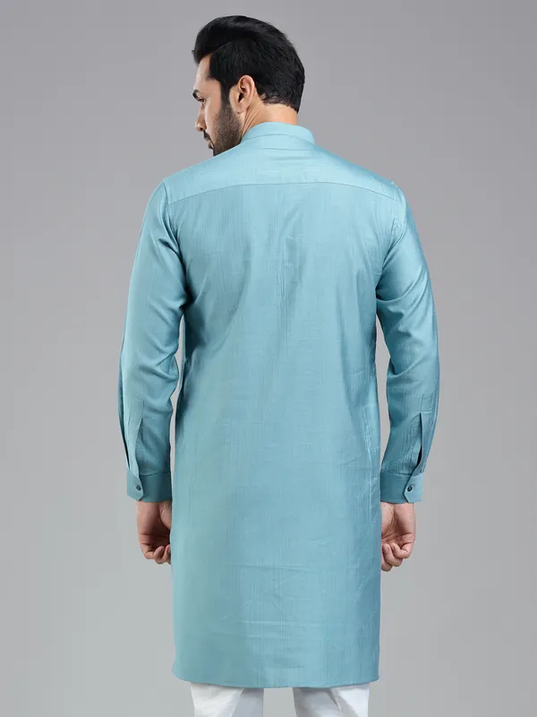 Firozi blue solid festive wear kurta for men