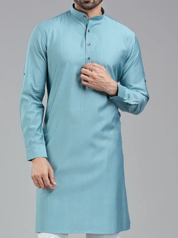 Firozi blue solid festive wear kurta suit for men