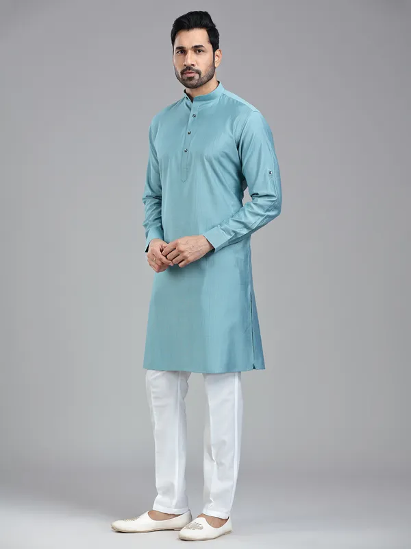 Firozi blue solid festive wear kurta suit for men