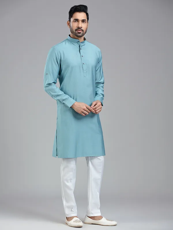 Firozi blue solid festive wear kurta suit for men