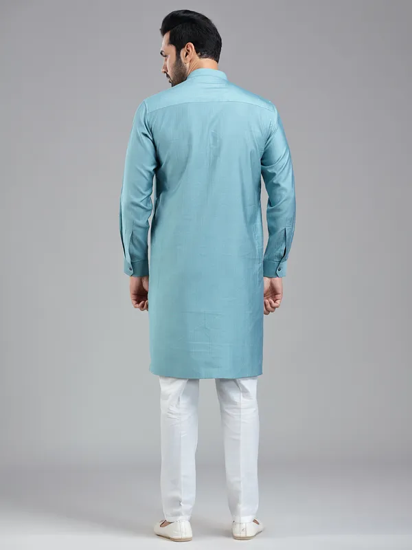 Firozi blue solid festive wear kurta suit for men
