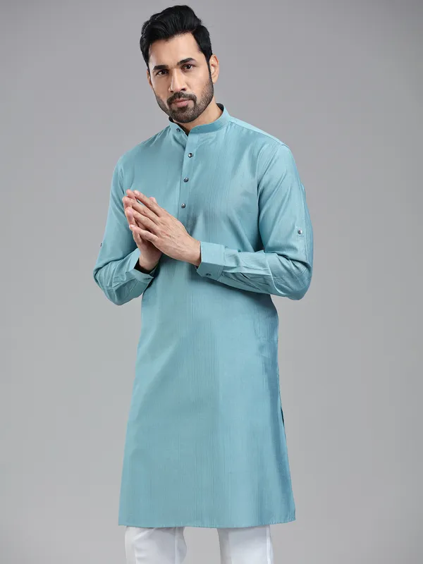 Firozi blue solid festive wear kurta suit for men