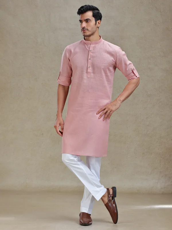 Flamingo pink serene kurta pajama set for ethnic charm