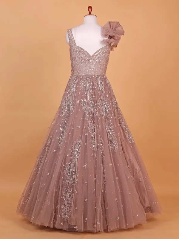 Floor lenght onion pink net gown