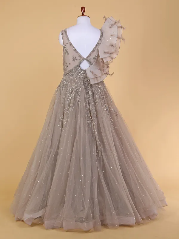 Floor length designer beige net gown