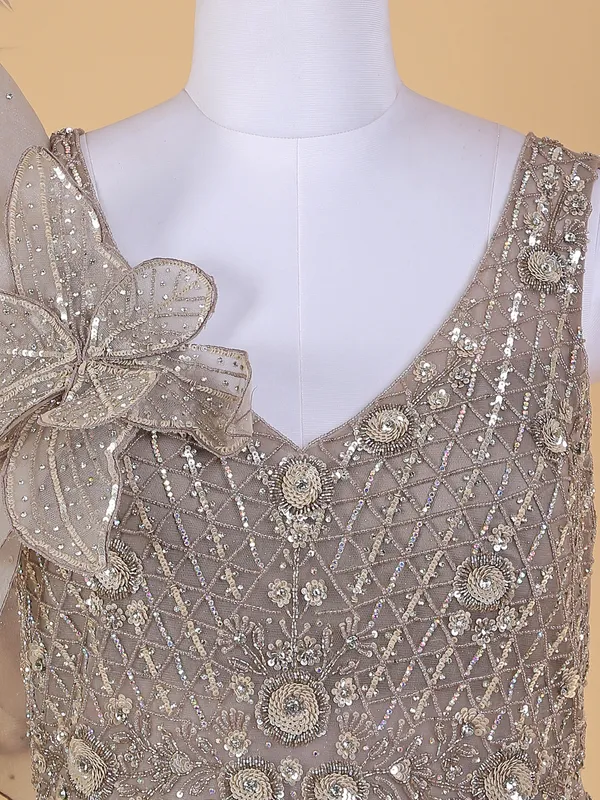 Floor length designer beige net gown