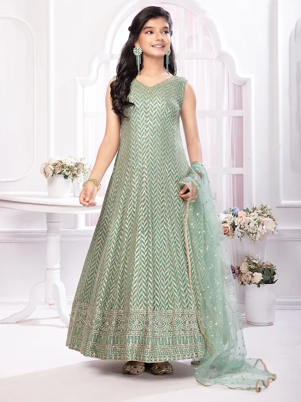 Floor length georgtte pista green anarkali salwar suit