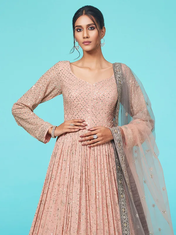 Floor length peach georgette anarkali suit