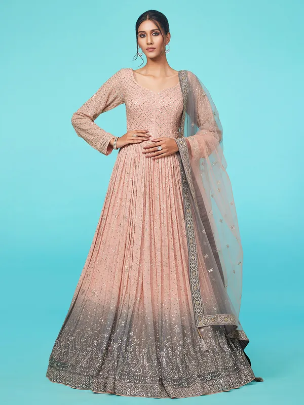 Floor length peach georgette anarkali suit
