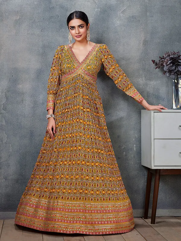 Floor length style mustard yellow anarkali suit