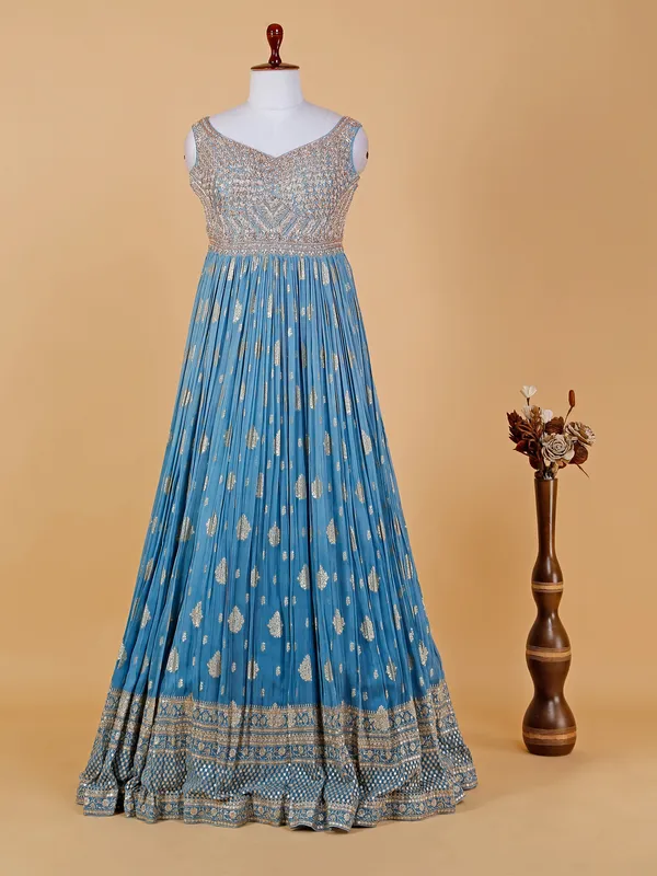 Floor length style sky blue anarkali suit
