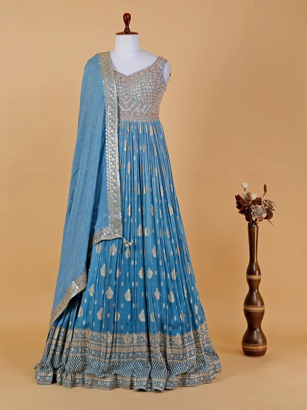 Floor length style sky blue anarkali suit