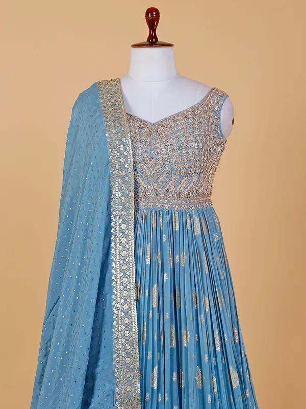 Floor length style sky blue anarkali suit