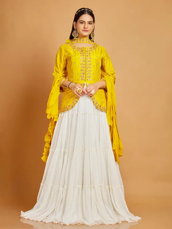 Floor length suit in yellow and white