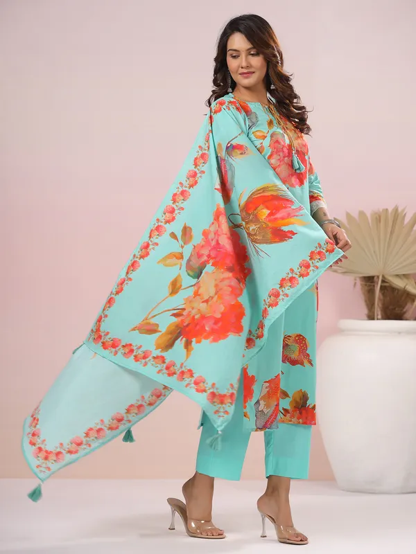 Floral printed aqua cotton kurti set