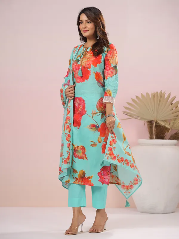 Floral printed aqua cotton kurti set
