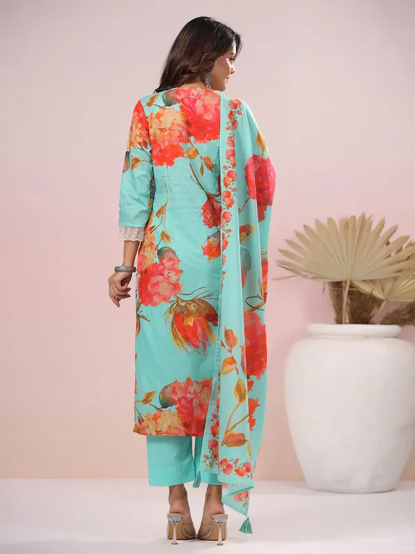 Floral printed aqua cotton kurti set