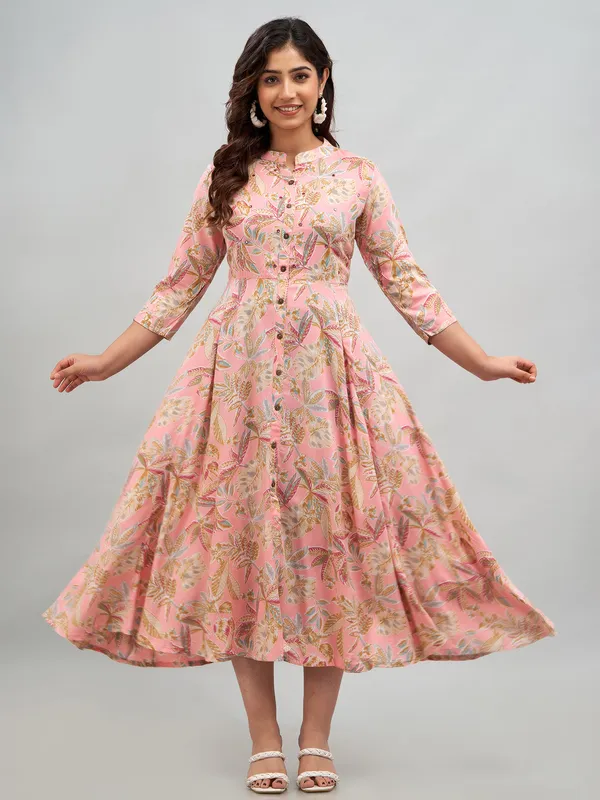 Floral printed baby pink cotton kurti