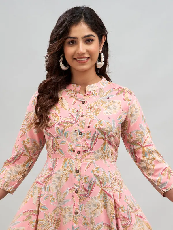 Floral printed baby pink cotton kurti