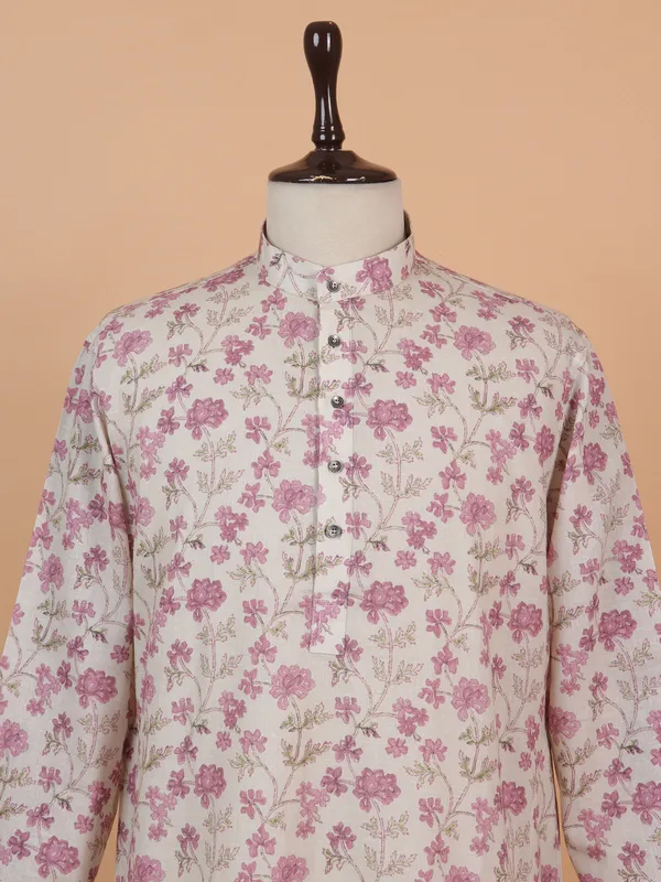 Floral printed beige cotton kurta suit for men