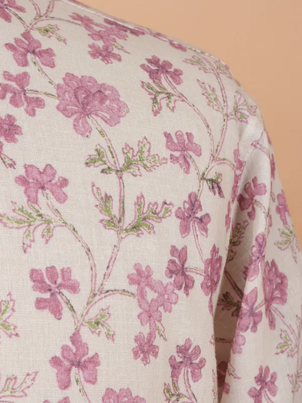 Floral printed beige cotton kurta suit for men