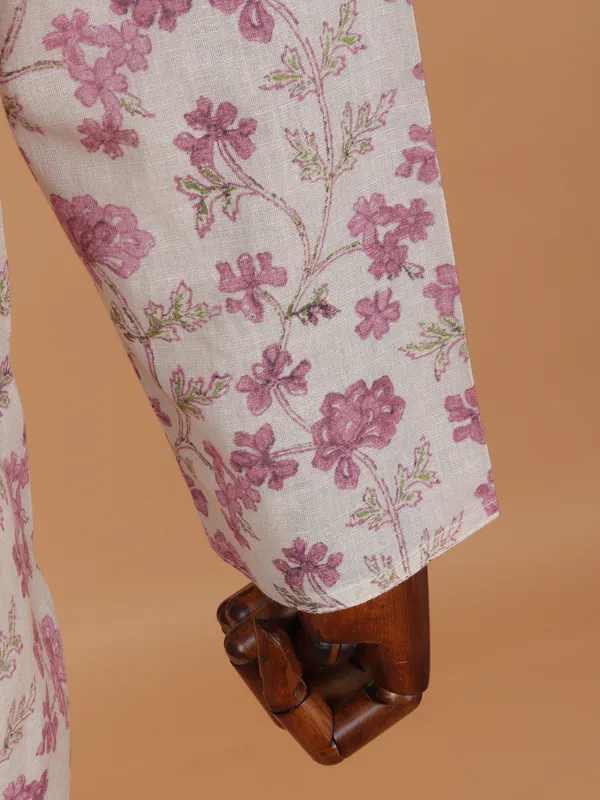 Floral printed beige cotton kurta suit for men