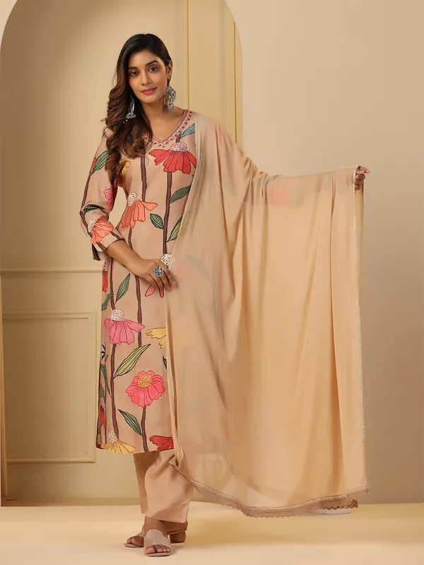 Floral printed beige cotton kurti set