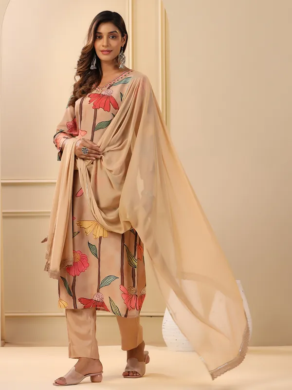 Floral printed beige cotton kurti set